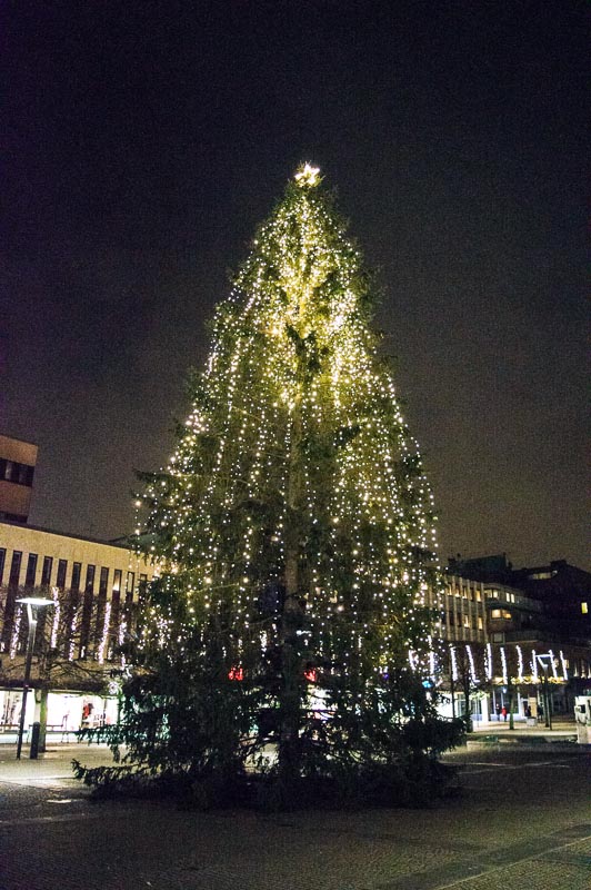Borås at last! Passing the lighted chrismas tree on the square on my way to the apartment.
